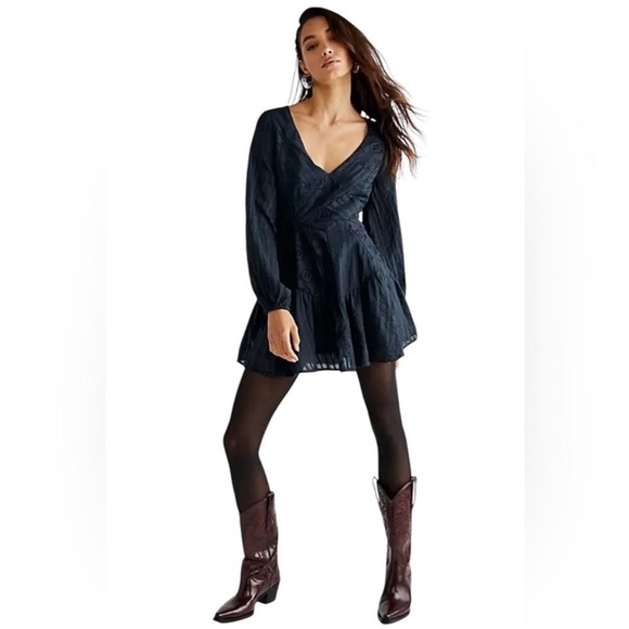 Free People Sz S Patchwork Of My Dreams Mini Dress Black Grunge Boho Rebel Chic - Picture 1 of 12